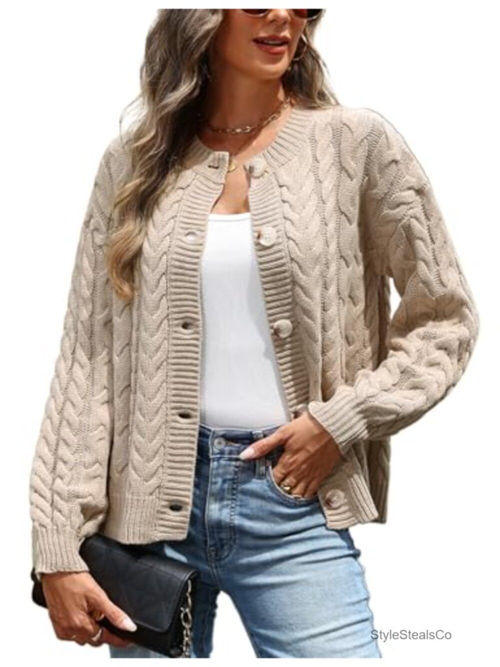 Cable Knit Button Down Cardigan Sweater Long Sleeve Open Front Outerwear
